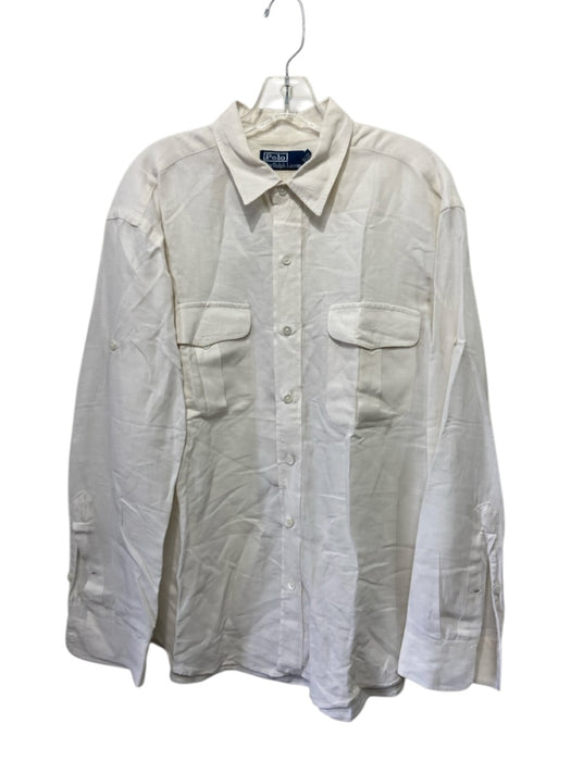 Polo Size L White Linen Blend Solid Button Up Front Pockets Long Sleeve Shirt White / L
