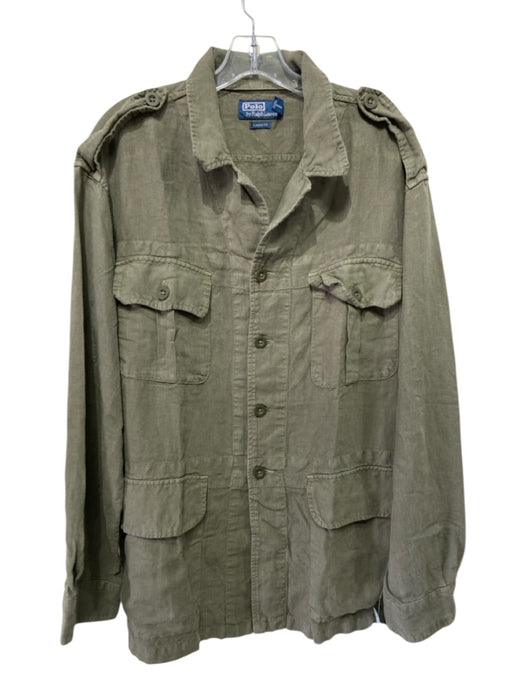 Polo Size L Green Linen Solid Button Up Men's Jacket Green / L