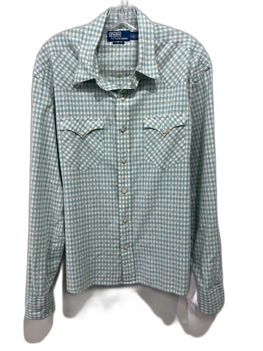 Polo Size L Light Blue & White Cotton Gingham Western Men's Long Sleeve Shirt Light Blue & White / L