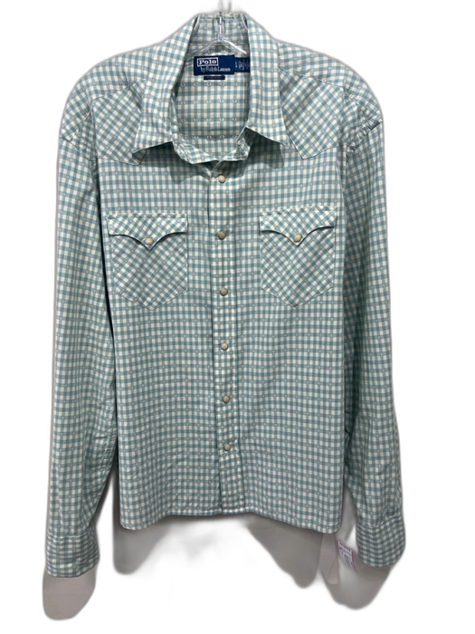 Polo Size L Light Blue & White Cotton Gingham Western Men's Long Sleeve Shirt Light Blue & White / L