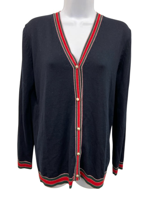 Gucci Size Large Navy, Red, Green Wool Long Sleeve Stripe Faux Pearl Cardigan Navy, Red, Green / Large