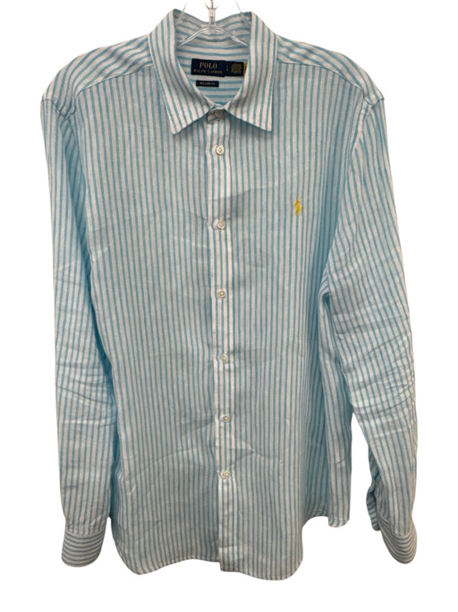 Polo Size L Blue & White Linen Striped Button Up Point Collar Long Sleeve Shirt Blue & White / L