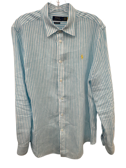 Polo Size L Blue & White Linen Striped Button Up Point Collar Long Sleeve Shirt Blue & White / L