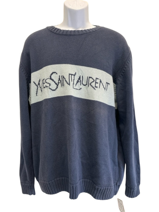 Yves Saint Laurent Size L Navy Blue & White Cotton logo Crew Neck Men's Sweater Navy Blue & White / L