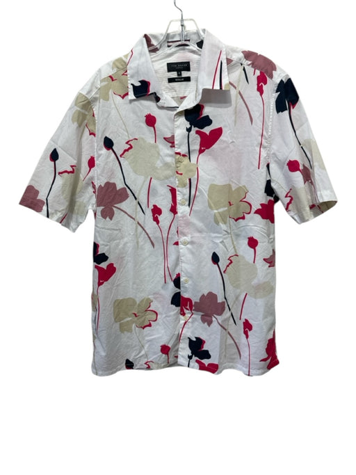 Ted Baker Size 4 White, Red, Multi Cotton Floral Button Down Short Sleeve Shirt White, Red, Multi / 4