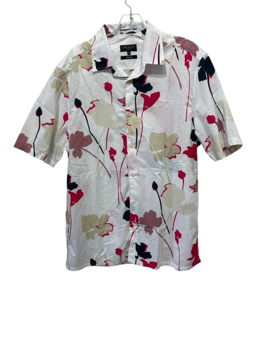 Ted Baker Size 4 White, Red, Multi Cotton Floral Button Down Short Sleeve Shirt White, Red, Multi / 4