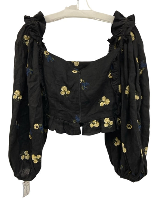 Lug Von Siga Size 36/S Black, Yellow & Blue Linen Floral Embroidered Crop Top Black, Yellow & Blue / 36/S