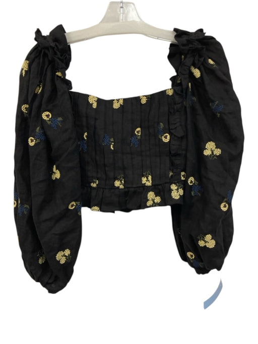 Lug Von Siga Size 36/S Black, Yellow & Blue Linen Floral Embroidered Crop Top Black, Yellow & Blue / 36/S