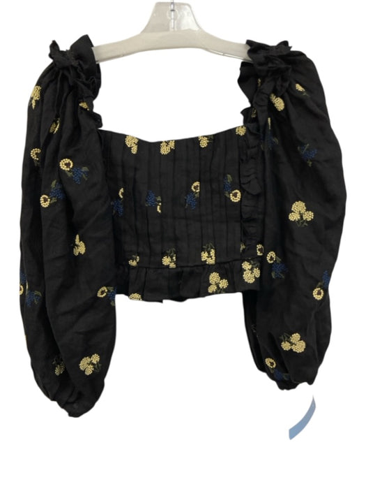 Lug Von Siga Size 36/S Black, Yellow & Blue Linen Floral Embroidered Crop Top Black, Yellow & Blue / 36/S