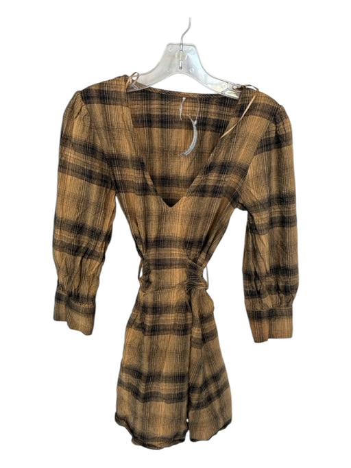 Free People Size 4 Tan & black Viscose Blend Long Balloon Sleeve Plaid Dress Tan & black / 4