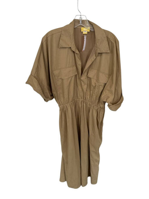 Maeve Size XL Tan Cotton 3/4 Sleeve Collar Elastic Waist V Neck Dress Tan / XL