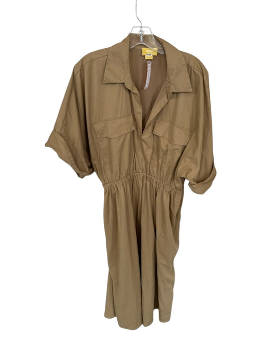 Maeve Size XL Tan Cotton 3/4 Sleeve Collar Elastic Waist V Neck Dress Tan / XL