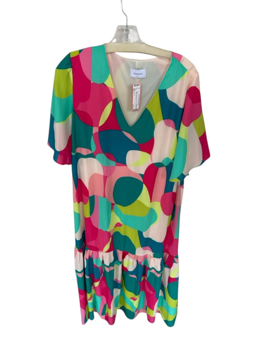 Adrienne Size L Multi Polyester Short Sleeve Abstract V Neck Maxi Dress Multi / L