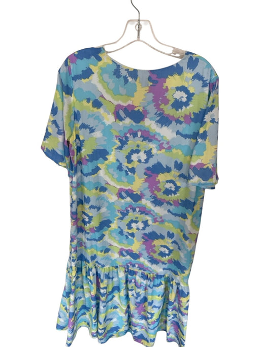 Adrienne Size L Aqua & Purple Polyester Short Sleeve Flowers V Neck Maxi Dress Aqua & Purple / L