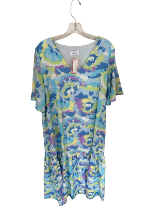 Adrienne Size L Aqua & Purple Polyester Short Sleeve Flowers V Neck Maxi Dress Aqua & Purple / L