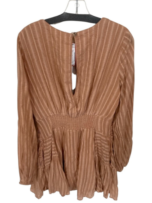 Free People Size L Tan Cotton Long Sleeve Lace Detail V Neck Dress Tan / L