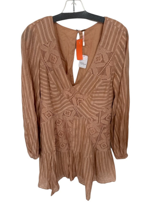 Free People Size L Tan Cotton Long Sleeve Lace Detail V Neck Dress Tan / L