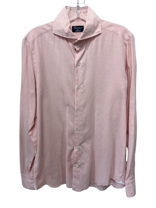 Finamore Size M Pink & White Cotton Blend Plaid Flannel Men's Long Sleeve Shirt Pink & White / M
