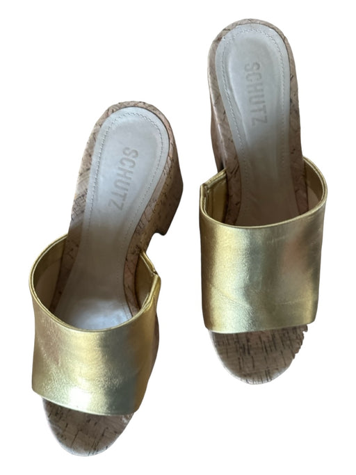 Schutz Shoe Size 8 Gold & Tan Leather Cork Platform Metallic Mules Gold & Tan / 8