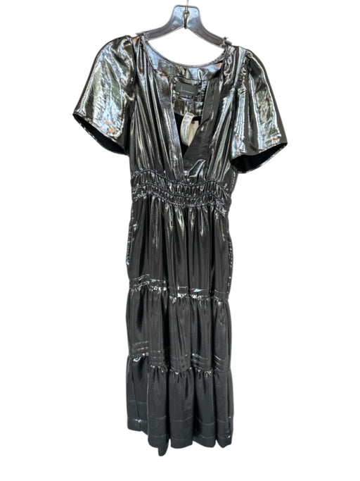 Anthropologie Size XS Silver Polyester Metallic V Neck Cinched Waist Maxi Gown Silver / XS