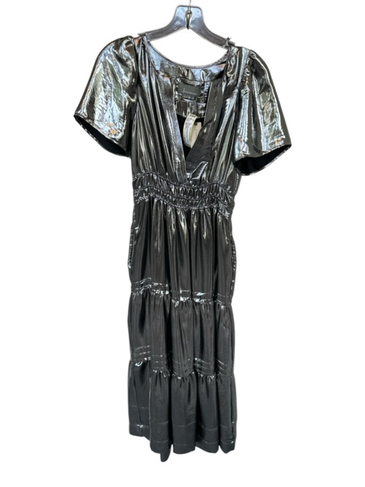 Anthropologie Size XS Silver Polyester Metallic V Neck Cinched Waist Maxi Gown Silver / XS