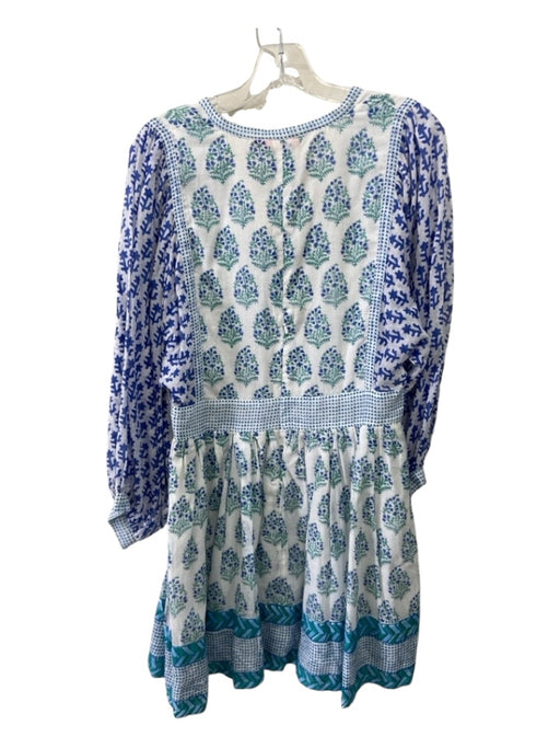 Oliphant Size XS White, Blue & Green Cotton Long Sleeve Mixed Print Dolman Dress White, Blue & Green / XS