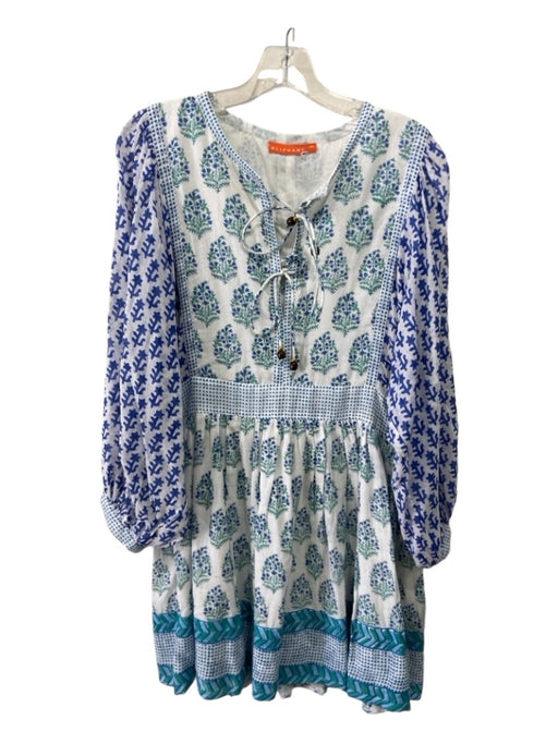 Oliphant Size XS White, Blue & Green Cotton Long Sleeve Mixed Print Dolman Dress White, Blue & Green / XS