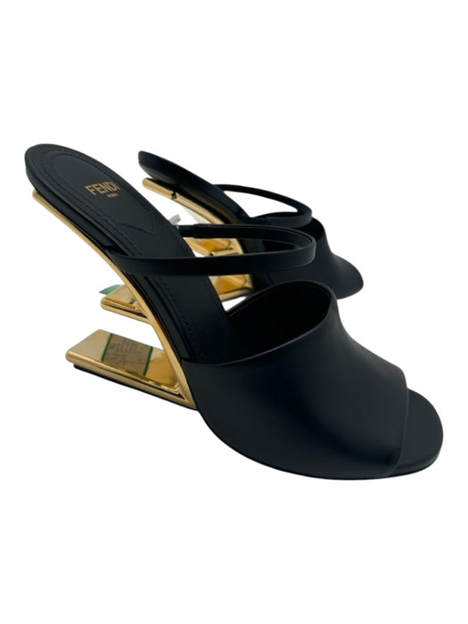 Fendi Shoe Size 40 Black & Gold Leather open toe Abstract Heel Slip On Pumps Black & Gold / 40