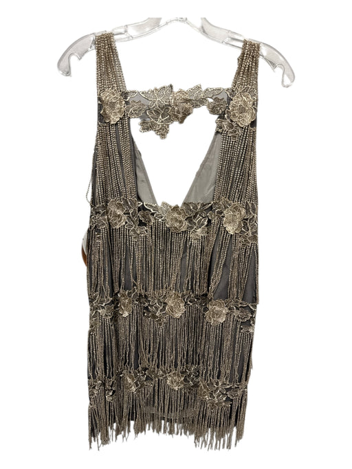 Free People Size M Taupe & Gold Polyester Floral Application Tiered Fringe Dress Taupe & Gold / M