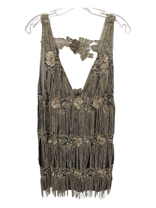 Free People Size M Taupe & Gold Polyester Floral Application Tiered Fringe Dress Taupe & Gold / M