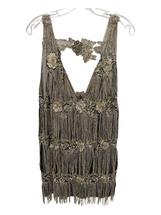 Free People Size M Taupe & Gold Polyester Floral Application Tiered Fringe Dress Taupe & Gold / M