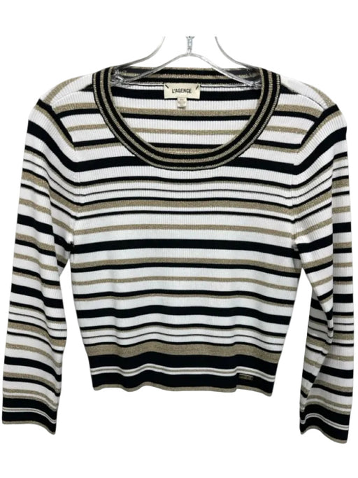 L'agence Size M Black, White & Gold Rayon Blend Metallic Thread Ribbed Knit Top Black, White & Gold / M