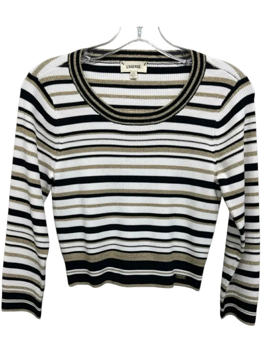 L'agence Size M Black, White & Gold Rayon Blend Metallic Thread Ribbed Knit Top Black, White & Gold / M