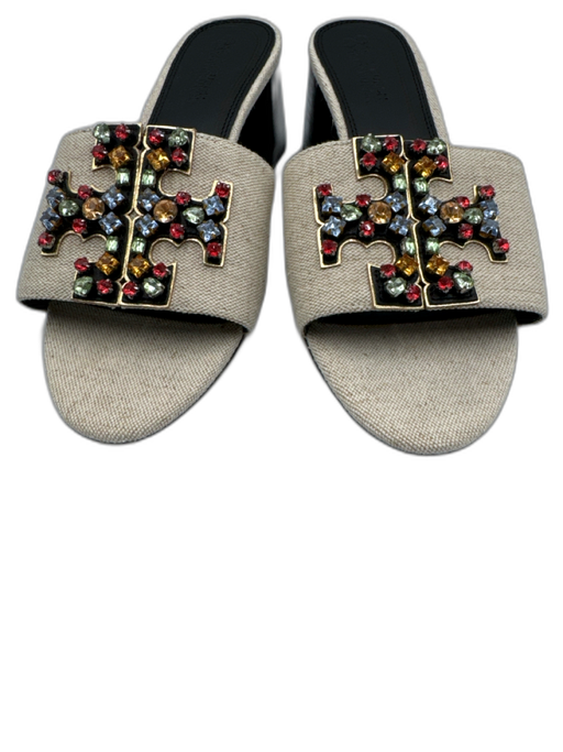 Tory Burch Shoe Size 9.5 beige, gold, multi Canvas & Leather Rhinestone Mules beige, gold, multi / 9.5