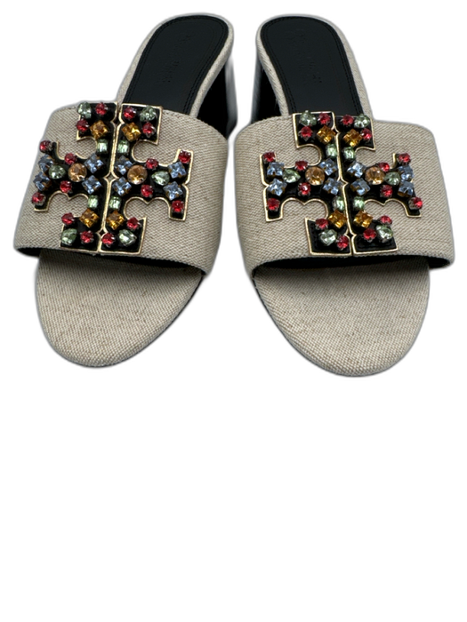 Tory Burch Shoe Size 9.5 beige, gold, multi Canvas & Leather Rhinestone Mules beige, gold, multi / 9.5