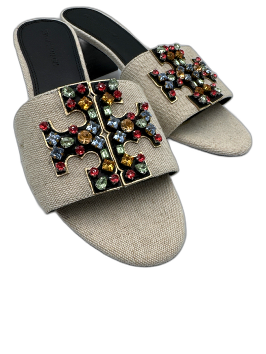 Tory Burch Shoe Size 9.5 beige, gold, multi Canvas & Leather Rhinestone Mules beige, gold, multi / 9.5