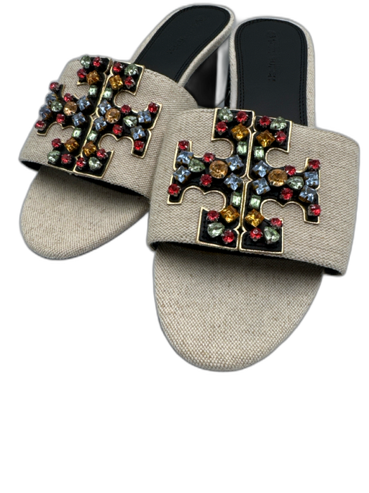 Tory Burch Shoe Size 9.5 beige, gold, multi Canvas & Leather Rhinestone Mules beige, gold, multi / 9.5
