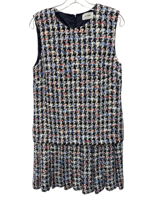 St. John Size 6 Red, Blue & Black Cotton Blend Houndstooth Tweed Dress Red, Blue & Black / 6
