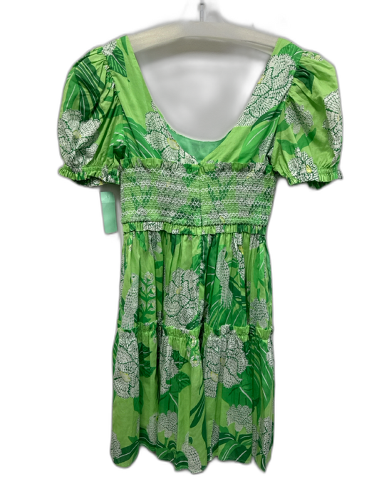 Farm Rio Size M Green & White Cotton Botanical Short Puff Sleeve Dress Green & White / M