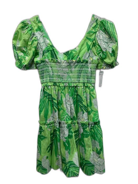 Farm Rio Size M Green & White Cotton Botanical Short Puff Sleeve Dress Green & White / M