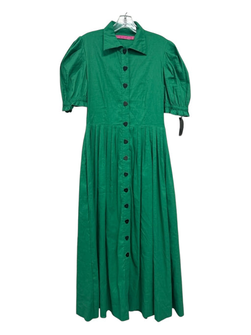 Buru Size S Green Cotton Button Belted Puff Sleeve Maxi Dress Green / S