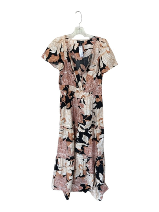 Cynthia Rowley Size S Brown & Black Cotton Short Sleeve Flowers Slit Neck Dress Brown & Black / S