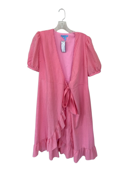 Draper James Size 2 Pink & Orange Polyester Short Balloon Sleeve Grid Wrap Dress Pink & Orange / 2