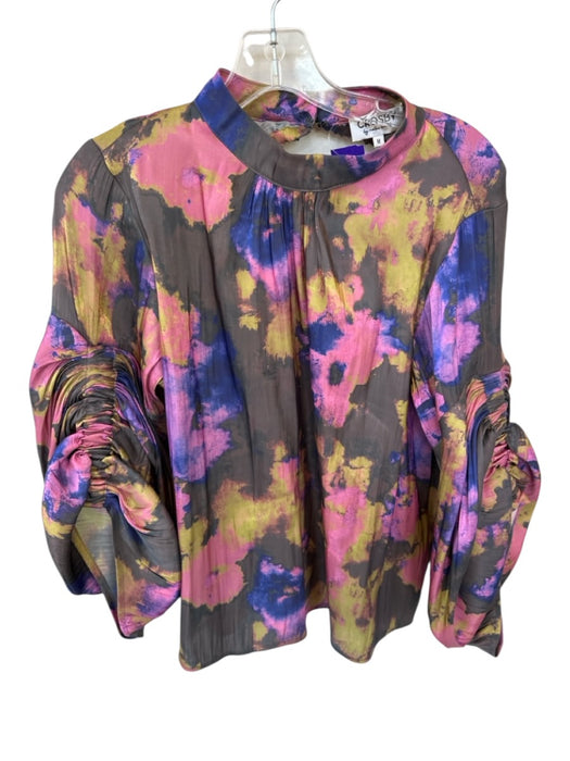 Crosby Size M Purple & Yellow Polyester Long Balloon Sleeve Watercolor Top Purple & Yellow / M