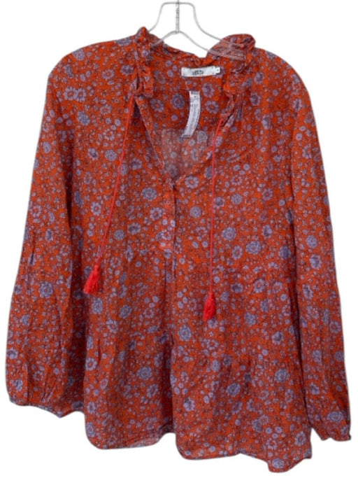 0039 Italy Size S Orange & Purple Cotton Long Balloon Sleeve Flowers Tassels Top Orange & Purple / S