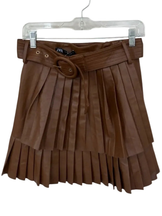 Zara Size M Brown Vegan Leather Side Zip Acordian Pleated Belted Mini Skirt Brown / M