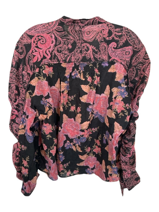 Free People Size XS Purple & Black Cotton Long Sleeve Flowers Button Down Top Purple & Black / XS
