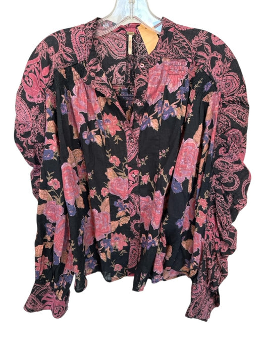 Free People Size XS Purple & Black Cotton Long Sleeve Flowers Button Down Top Purple & Black / XS