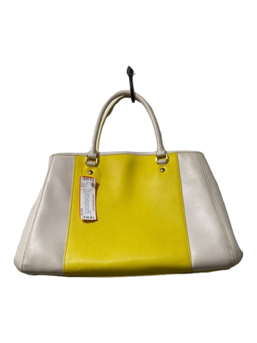 Coach White & yellow Grained Leather Color Block Rolled Handles Open Top Bag White & yellow / L