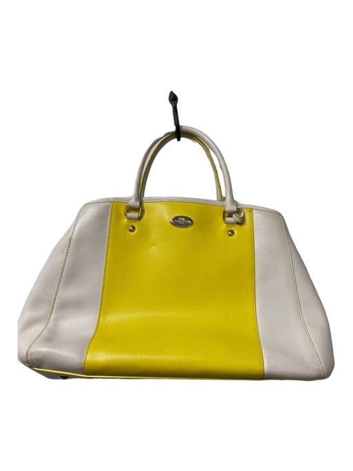 Coach White & yellow Grained Leather Color Block Rolled Handles Open Top Bag White & yellow / L